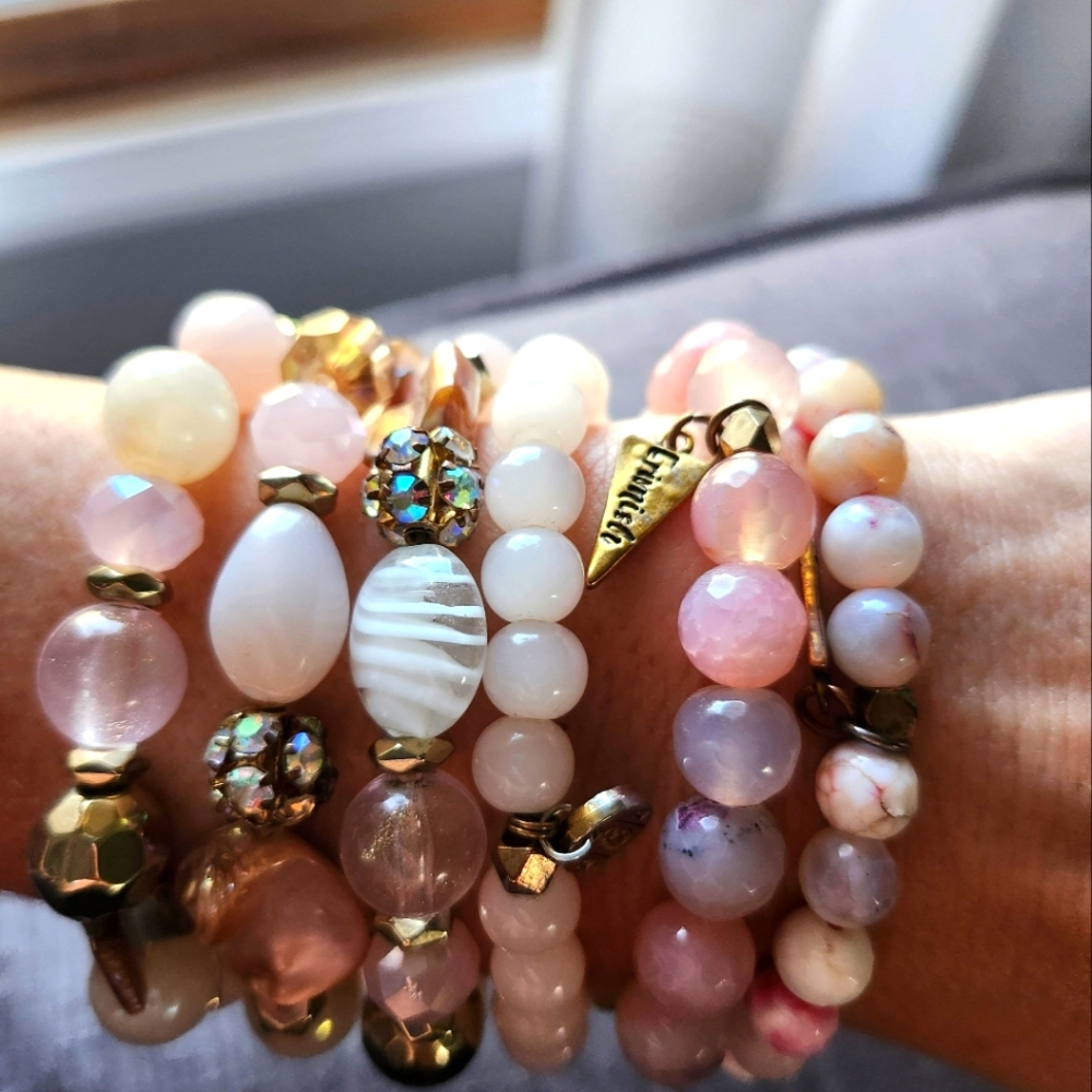 Set Of Six Grimish & Other Pink And Gold Colored Beaded Stretch Band Bracelets